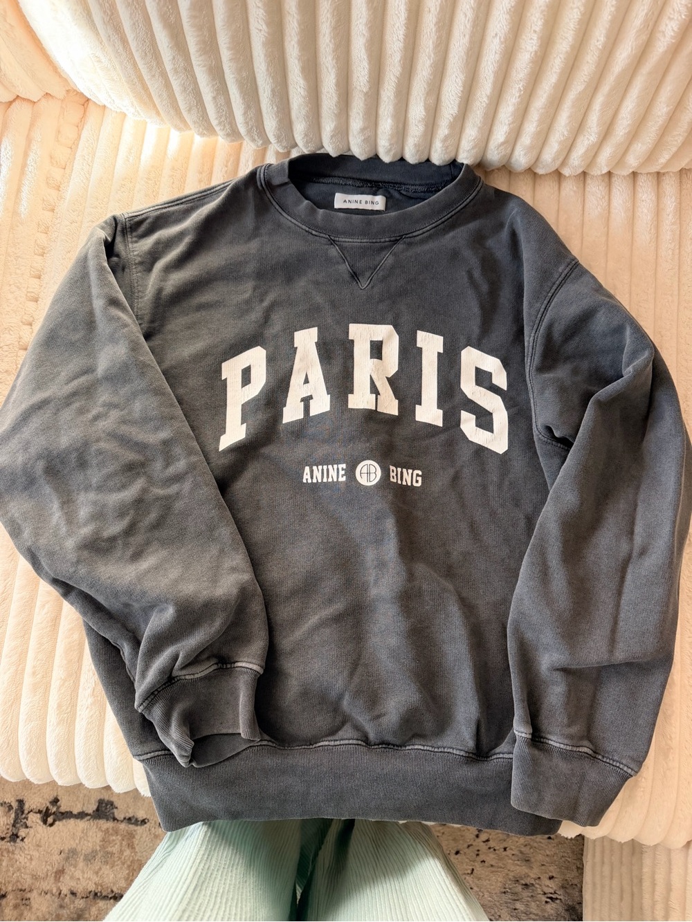 Anine Bing Crewneck Sweatshirt in Charcoal with White Paris Graphic